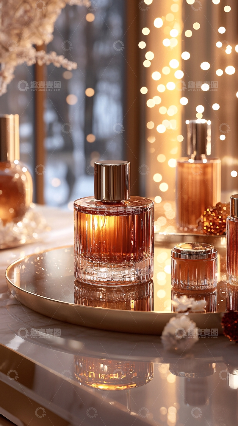 高清大图下载【趣麦麦图】琥珀色香水在金色托盘上