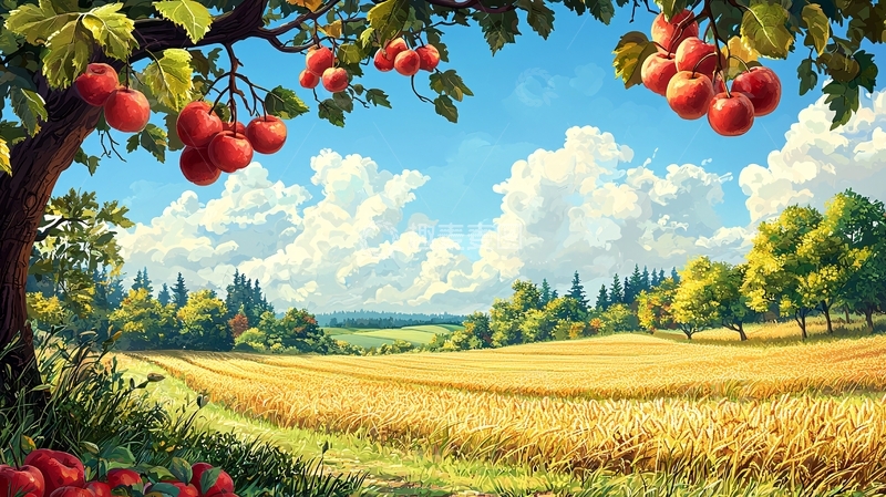 高清大图下载【趣麦麦图】苹果树下的麦田风光