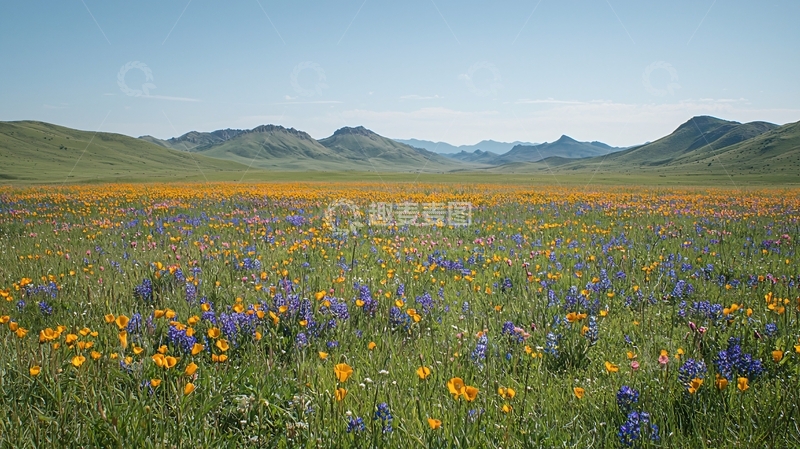 高清大图下载【趣麦麦图】开阔草原鲜花盛开