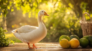 阳光下白鹅和水果