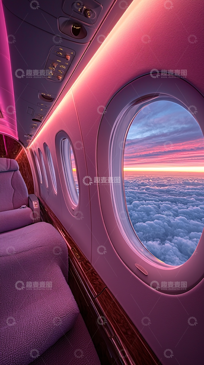 高清大图下载【趣麦麦图】飞机内部窗口外的日落