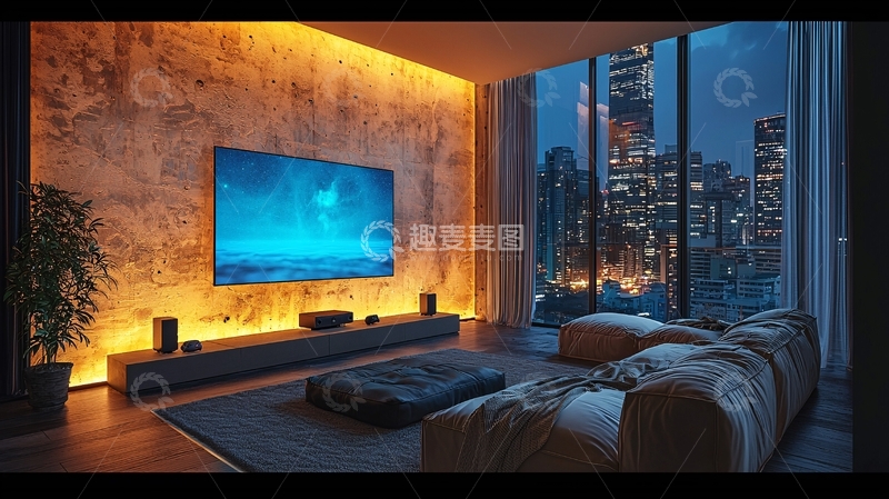 高清大图下载【趣麦麦图】现代客厅夜景大落地窗