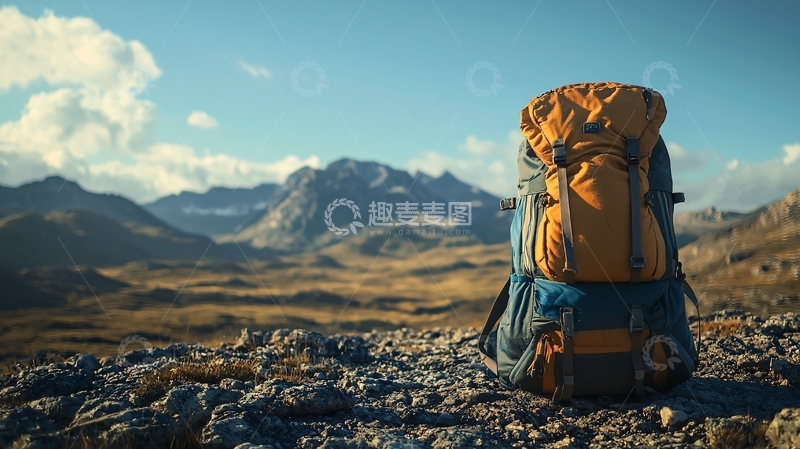 高清大图下载【趣麦麦图】旅行背包在山顶