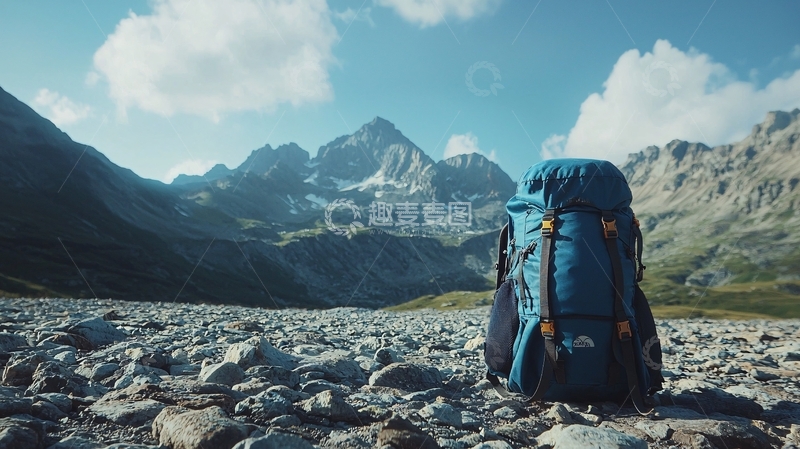高清大图下载【趣麦麦图】蓝色的背包在高山岩石前