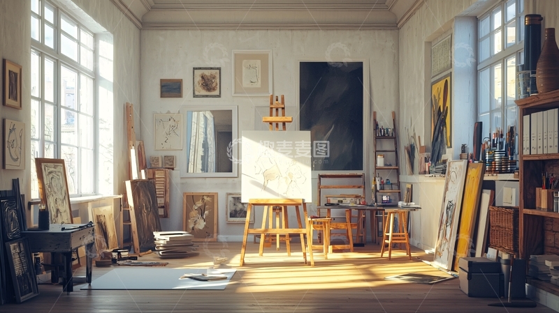 高清大图下载【趣麦麦图】阳光洒进的艺术家工作室