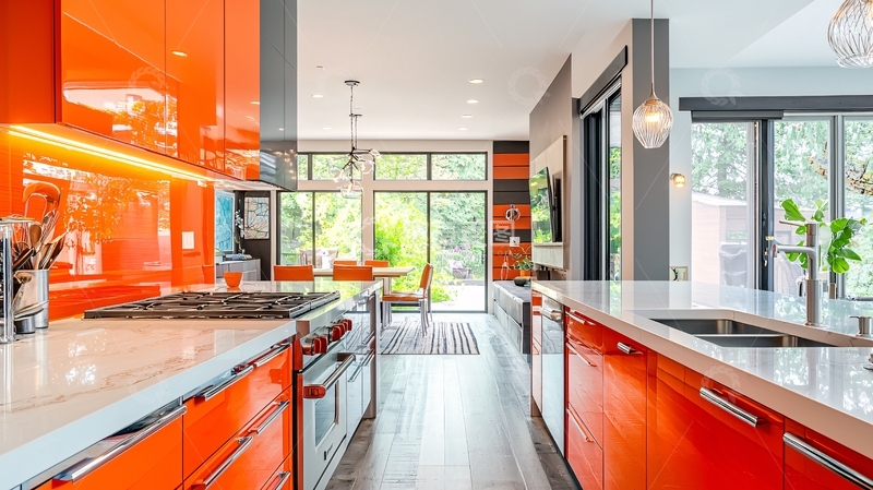 高清大图下载【趣麦麦图】现代化橘色高光泽橱柜厨房