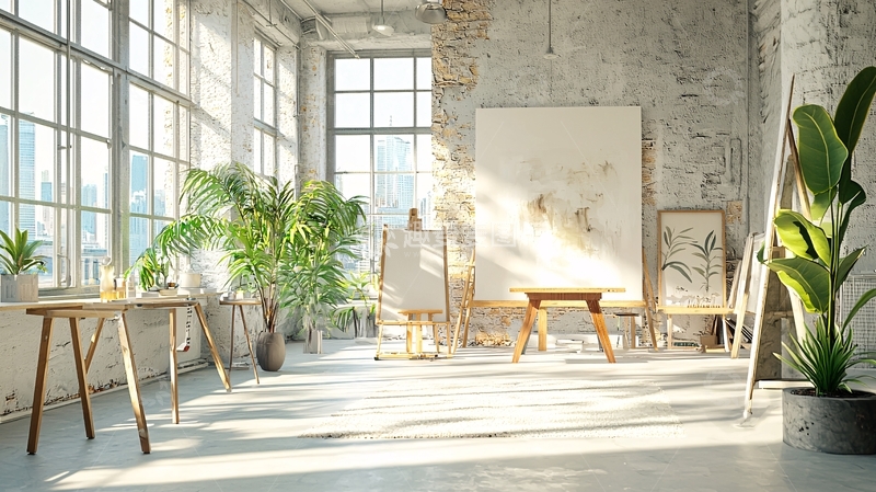 高清大图下载【趣麦麦图】阳光洒进的落地窗艺术工作室