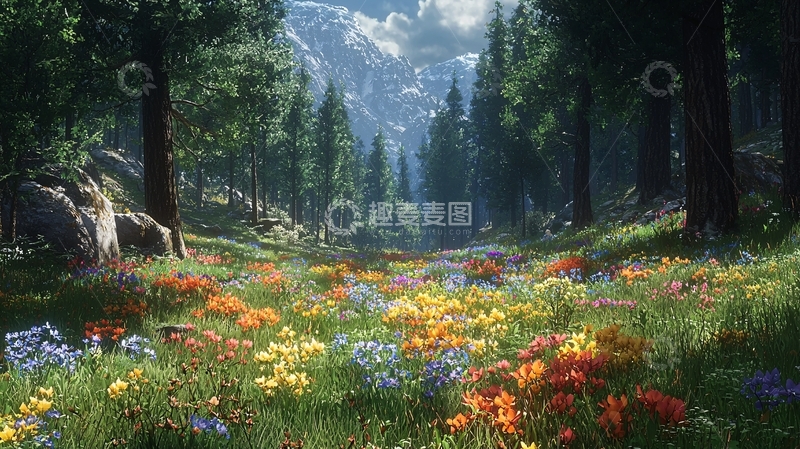 高清大图下载【趣麦麦图】鲜花遍地的森林景色