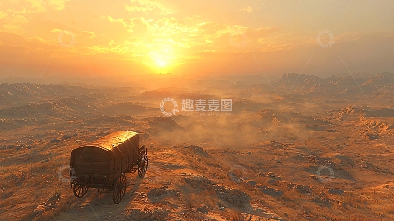 高清大图下载【趣麦麦图】荒凉沙漠中的马车夕阳