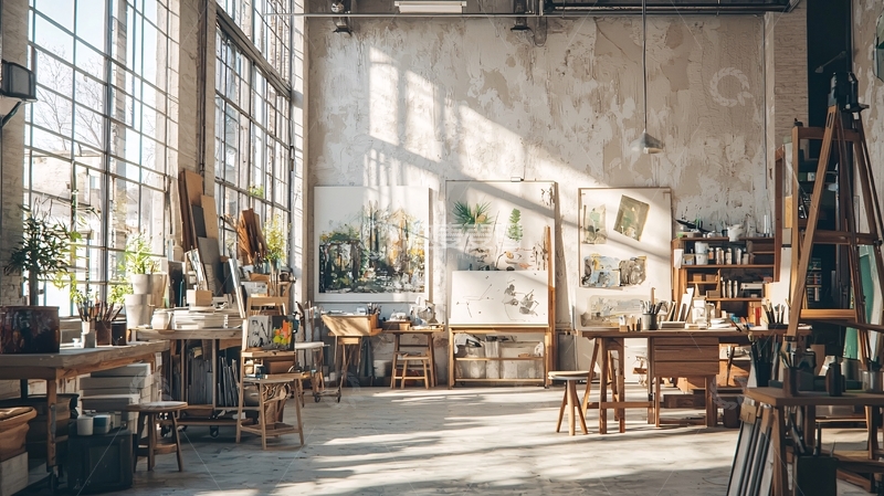 高清大图下载【趣麦麦图】阳光洒进的艺术家工作室