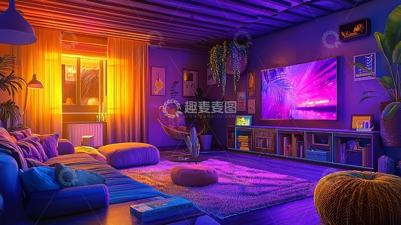 高清大图下载【趣麦麦图】炫彩灯光下的舒适客厅