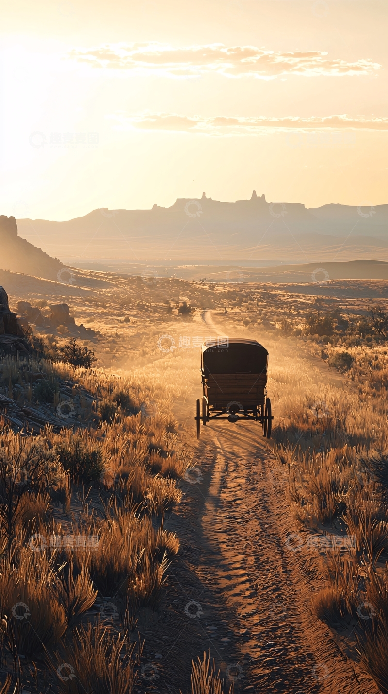 高清大图下载【趣麦麦图】夕阳下的篷车旅行