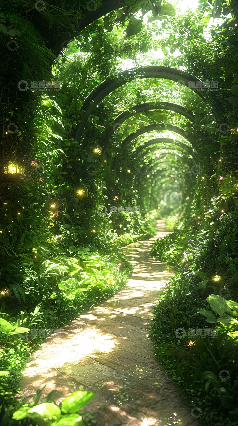 高清大图下载【趣麦麦图】绿色植物覆盖的拱形隧道