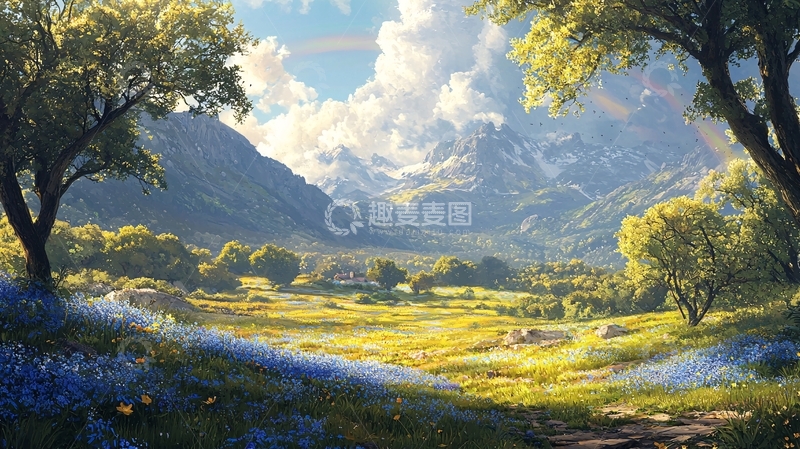 高清大图下载【趣麦麦图】山谷中的明媚田园风光