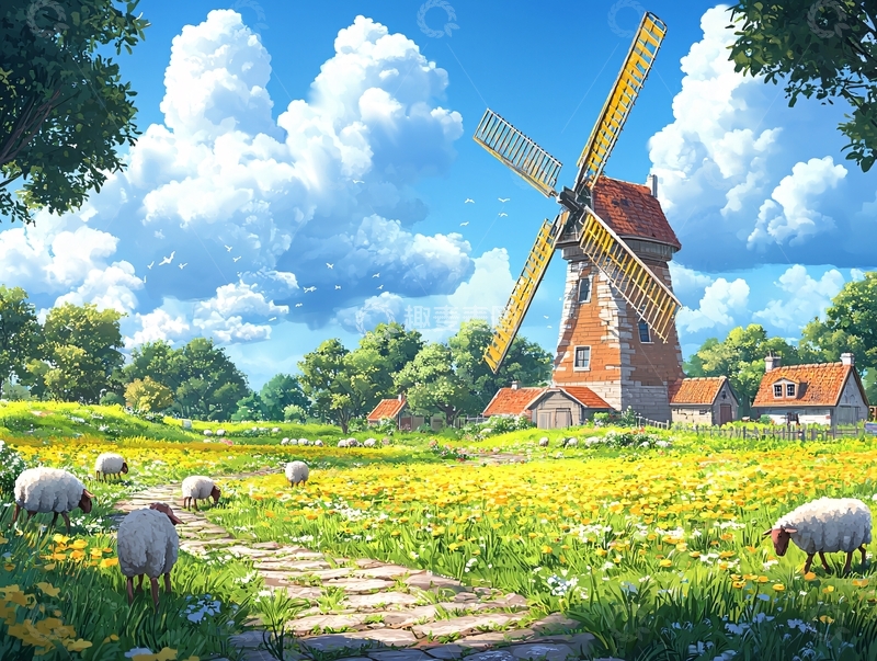高清大图下载【趣麦麦图】田园风光与风车