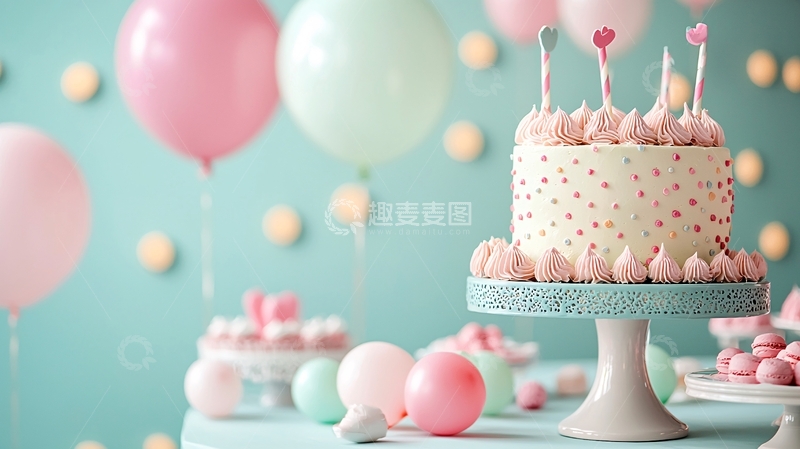 高清大图下载【趣麦麦图】粉色气球和生日蛋糕