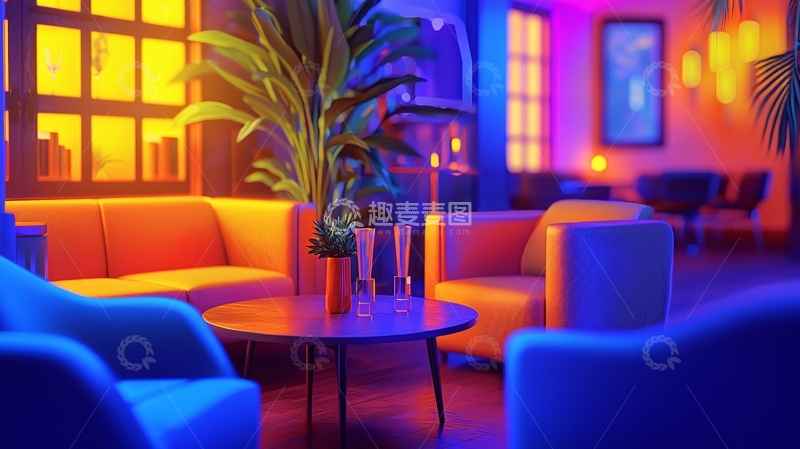 高清大图下载【趣麦麦图】霓虹灯下的复古休闲室