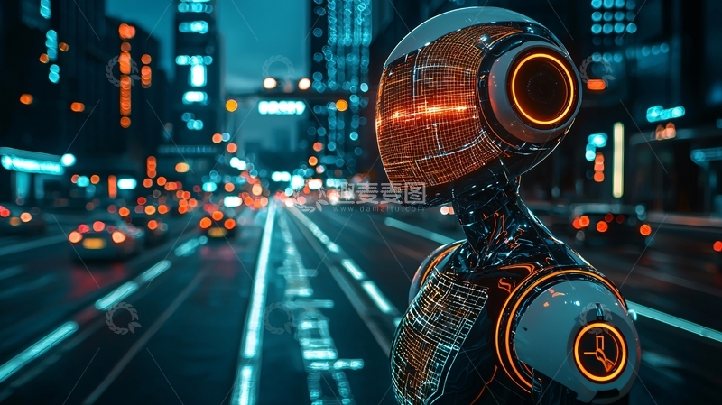高清大图下载【趣麦麦图】未来城市中的机器人凝视夜景