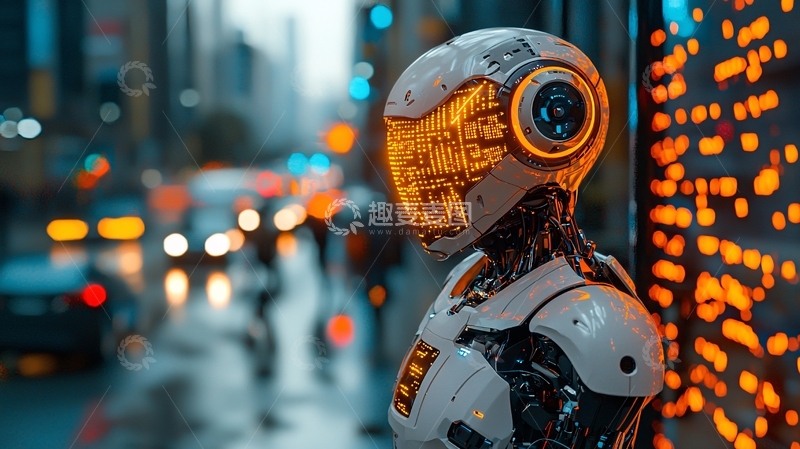 高清大图下载【趣麦麦图】科幻机器人站在城市夜景旁
