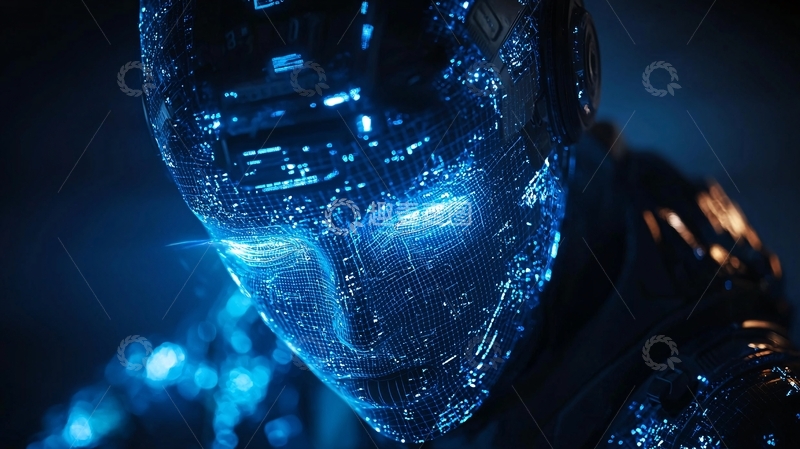 高清大图下载【趣麦麦图】科技感蓝色机器人面部特写