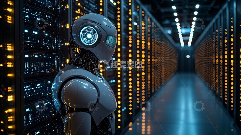 高清大图下载【趣麦麦图】科技感机器人站在服务器前