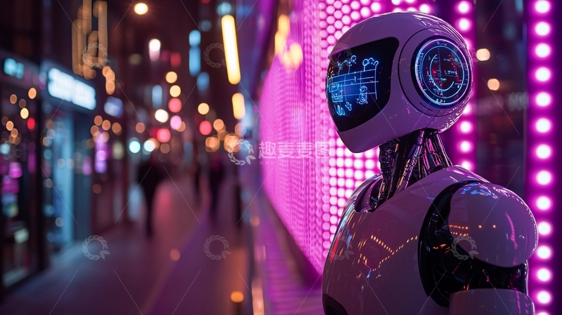 高清大图下载【趣麦麦图】赛博朋克风机器人立于霓虹街头