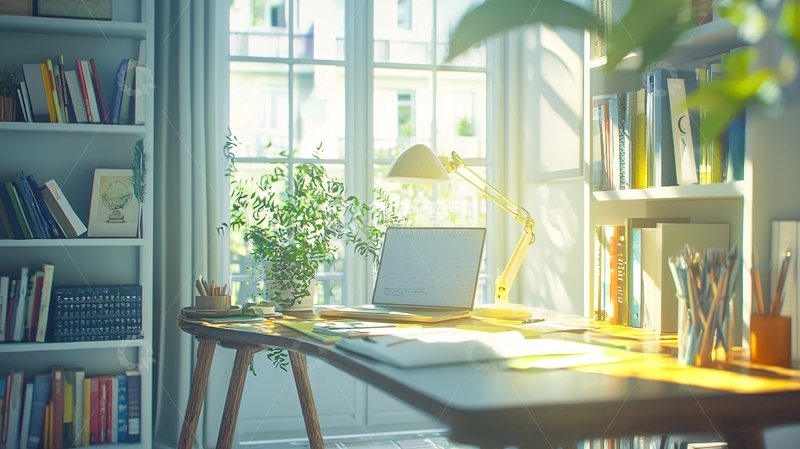 高清大图下载【趣麦麦图】阳光洒进书房的办公桌