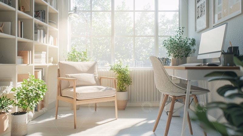 高清大图下载【趣麦麦图】阳光洒满房间的舒适书房