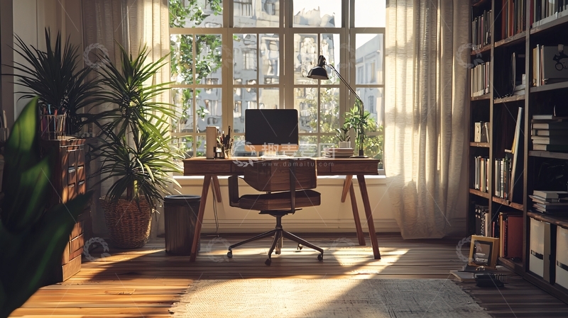 高清大图下载【趣麦麦图】阳光洒进书房的办公桌