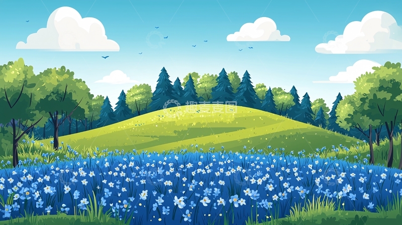 高清大图下载【趣麦麦图】卡通田园风景插画