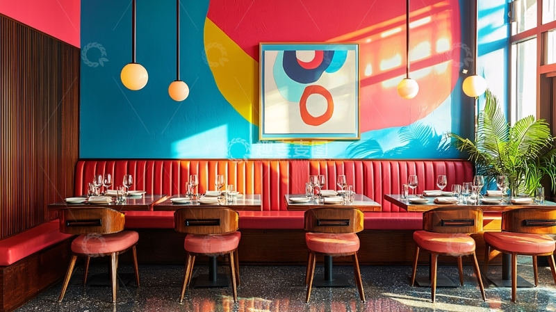高清大图下载【趣麦麦图】红蓝黄撞色餐厅设计