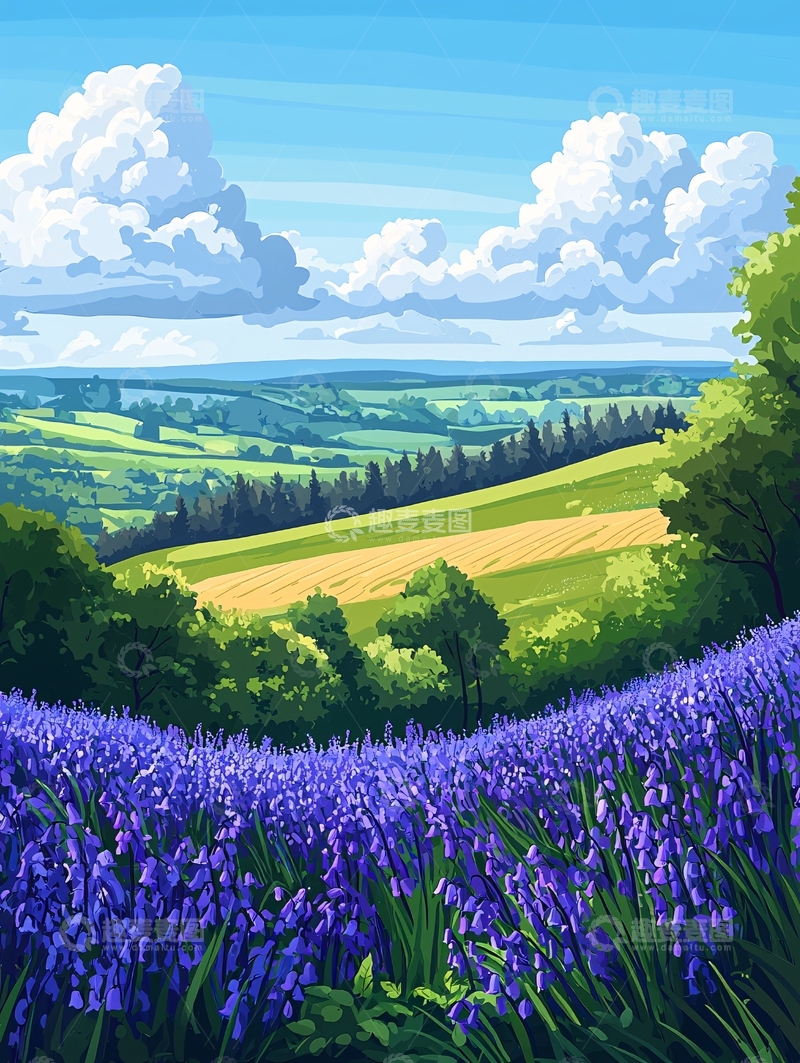 高清大图下载【趣麦麦图】蓝紫色花田绿色山丘