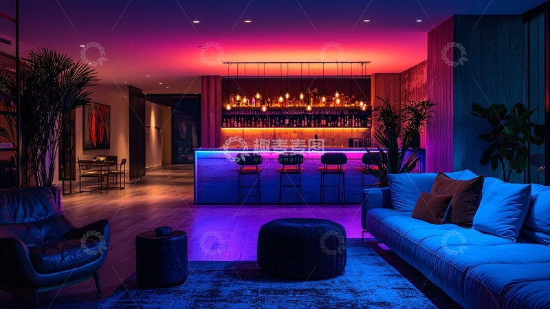 高清大图下载【趣麦麦图】炫彩霓虹光酒吧客厅