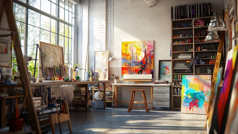 高清大图下载【趣麦麦图】阳光洒进的艺术家工作室