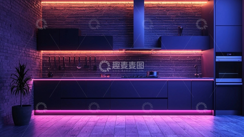 高清大图下载【趣麦麦图】霓虹灯氛围的现代厨房