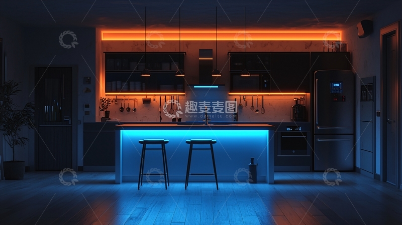 高清大图下载【趣麦麦图】现代风格厨房夜景