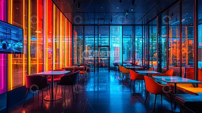 高清大图下载【趣麦麦图】霓虹灯光下的现代餐厅