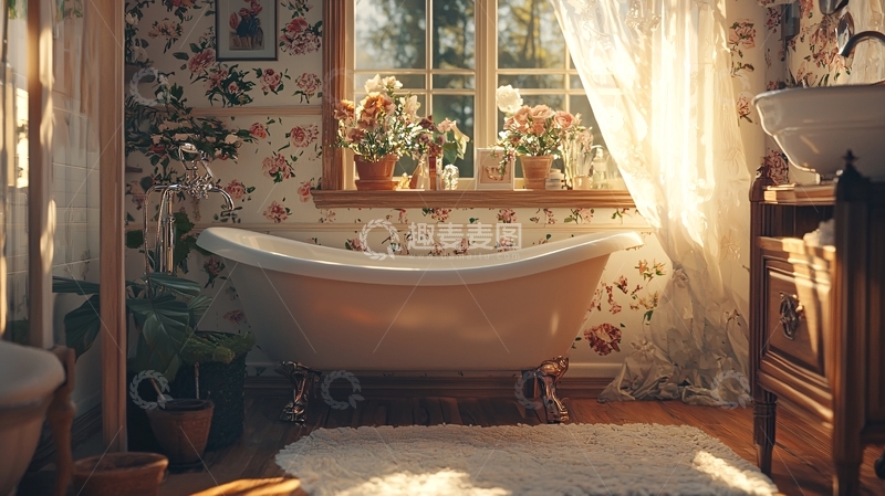 高清大图下载【趣麦麦图】阳光洒进复古浴室