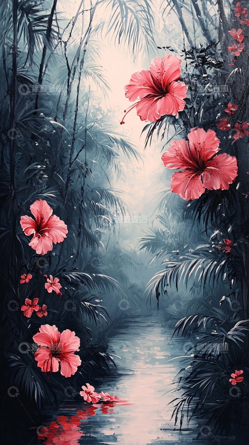 高清大图下载【趣麦麦图】粉色扶桑花丛在朦胧水面上