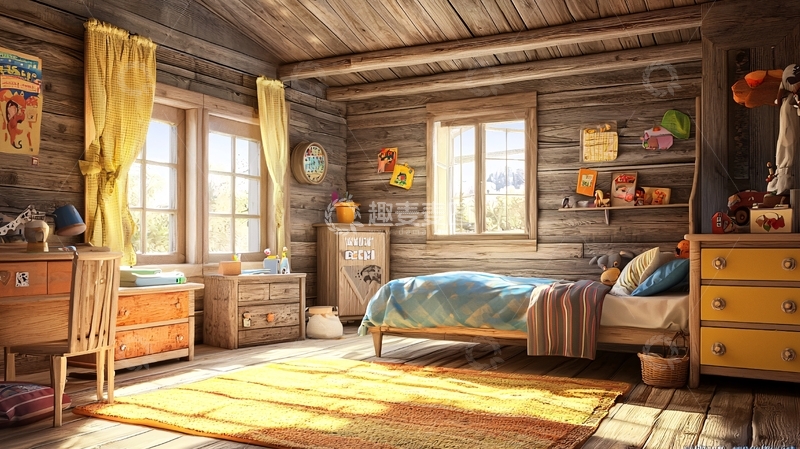 高清大图下载【趣麦麦图】木屋卧室阳光洒满房间