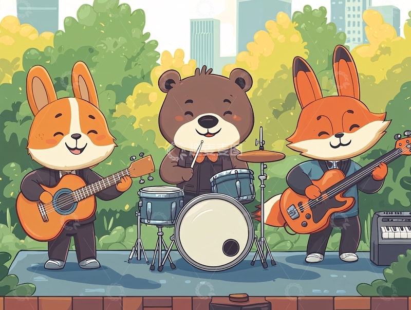 高清大图下载【趣麦麦图】卡通动物乐队在城市公园演奏