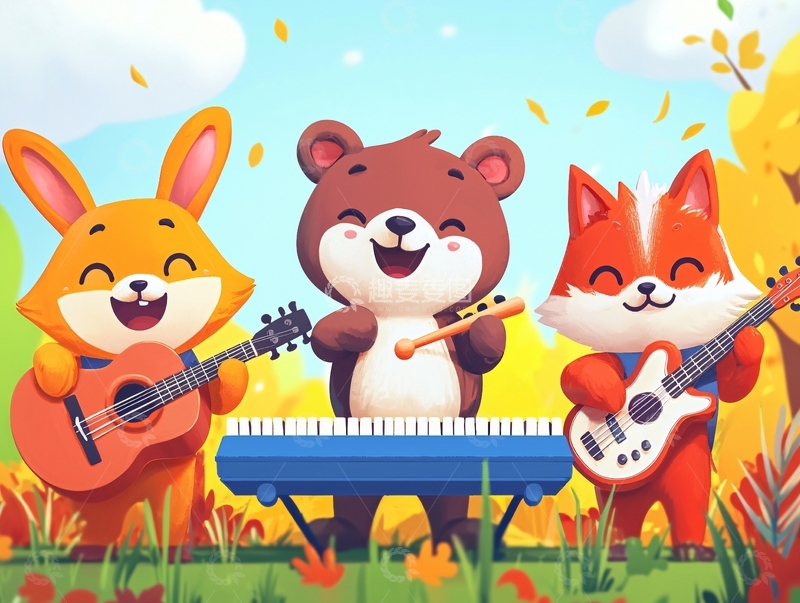 高清大图下载【趣麦麦图】动物乐队在秋天演奏乐器