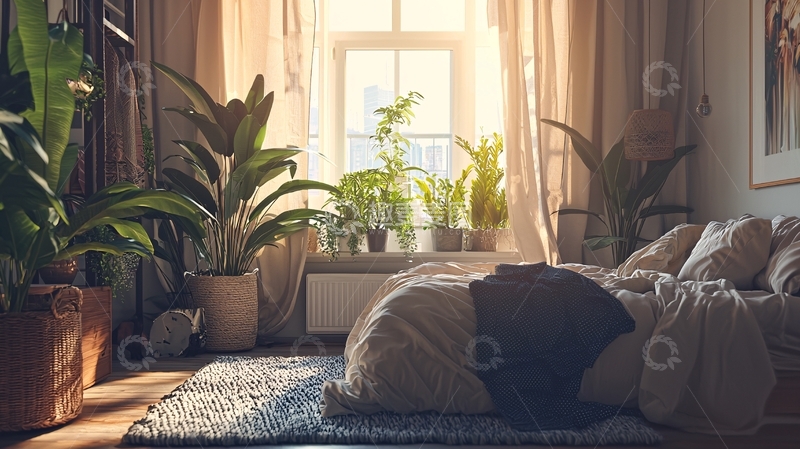 高清大图下载【趣麦麦图】阳光洒满卧室的绿植盆栽