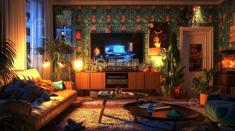 高清大图下载【趣麦麦图】复古客厅夜景