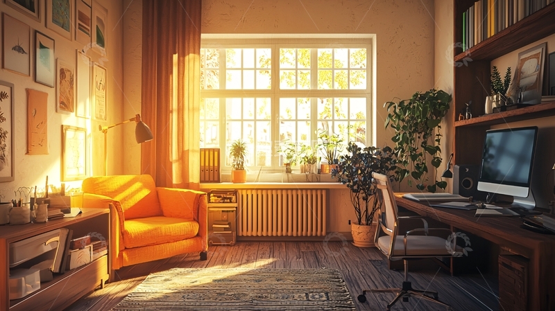 高清大图下载【趣麦麦图】阳光洒进房间的温馨书房