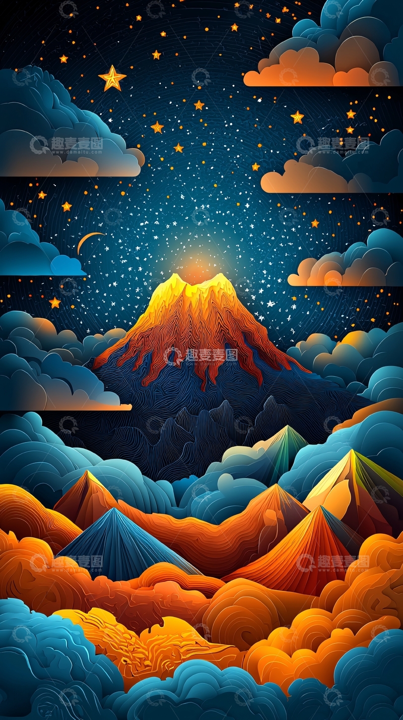 高清大图下载【趣麦麦图】梦幻星空火山景象