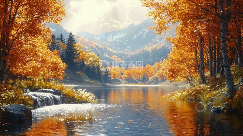 高清大图下载【趣麦麦图】秋日湖畔金色森林