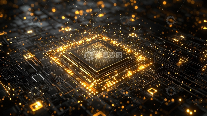 高清大图下载【趣麦麦图】金色芯片电路发光细节