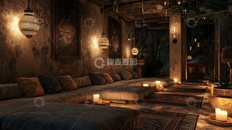高清大图下载【趣麦麦图】昏暗灯光下的摩洛哥风格休息室