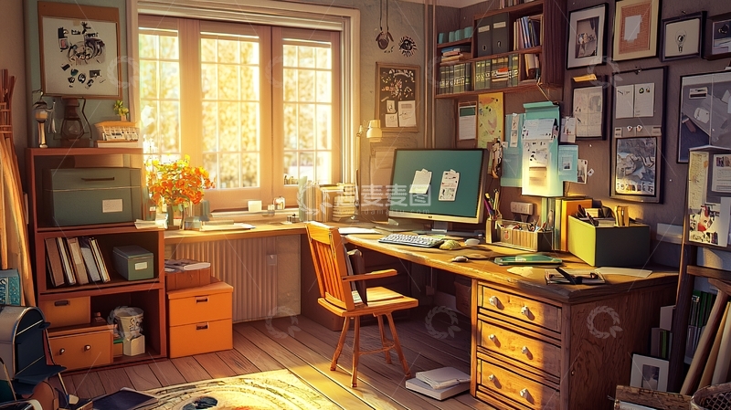 高清大图下载【趣麦麦图】温暖阳光洒满房间的书房